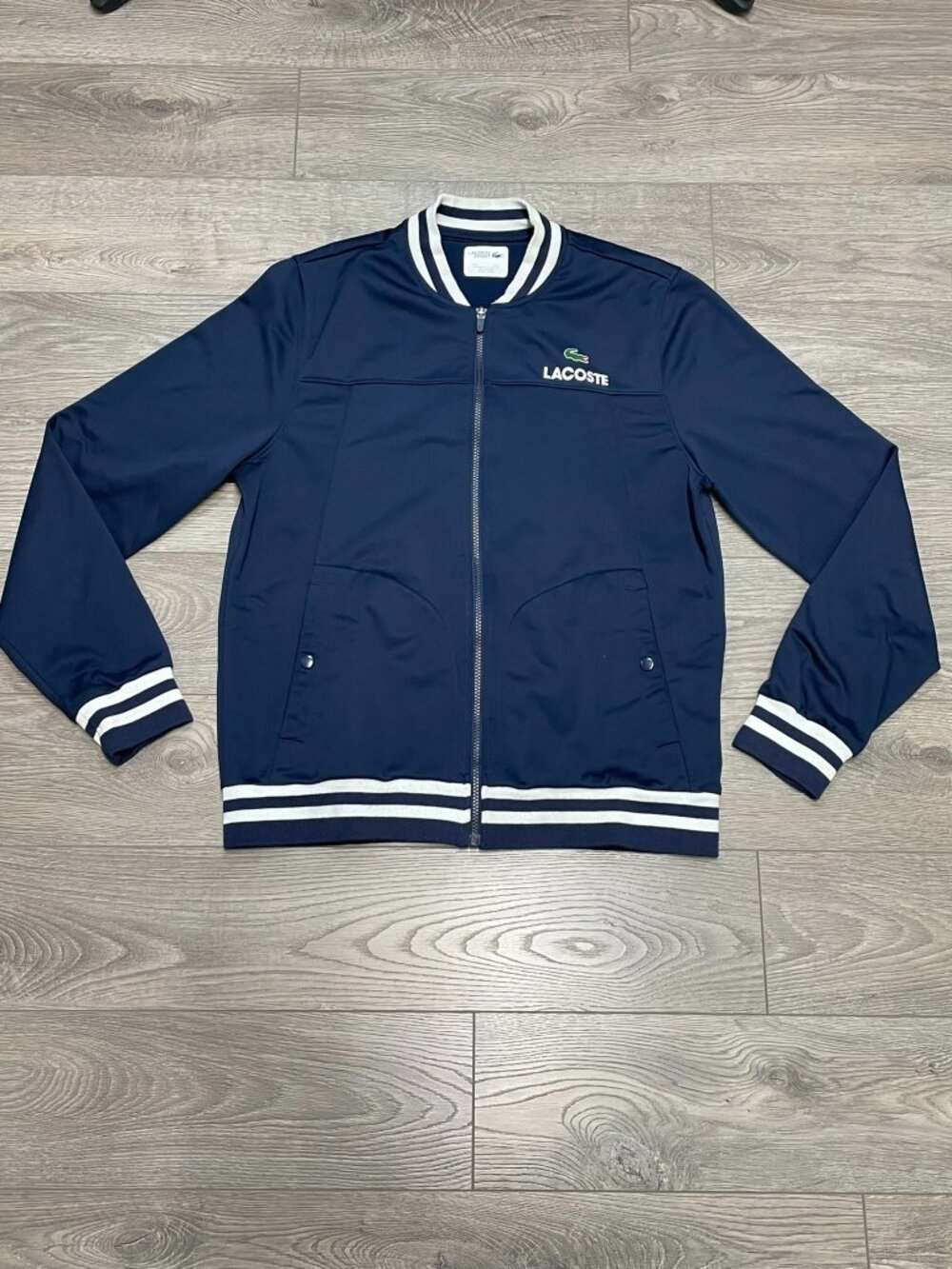 Vintage Lacoste Sport Navy Blue Bomber Track Jacket Zip Up Men's US XL FR 6